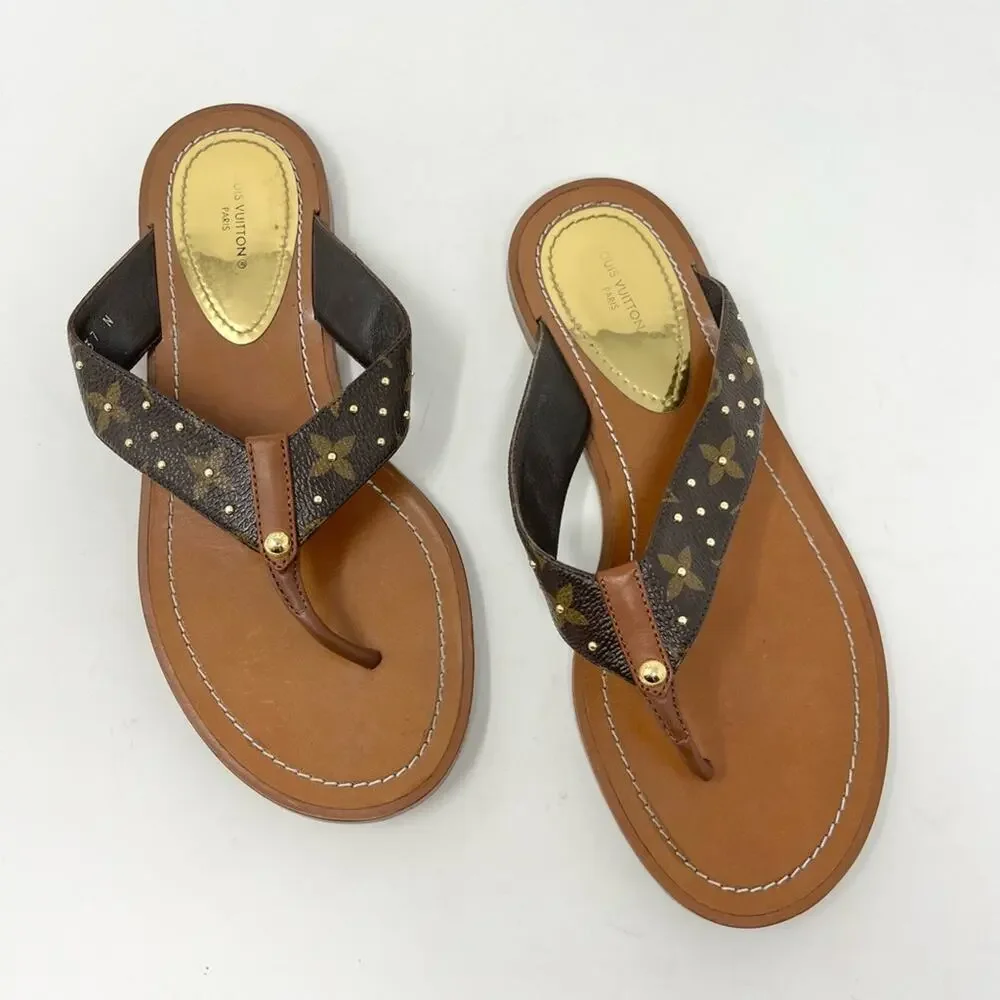 Louis Vuitton Monogram Sunny Thong Sandal Flat Brown Leather size 37 EU